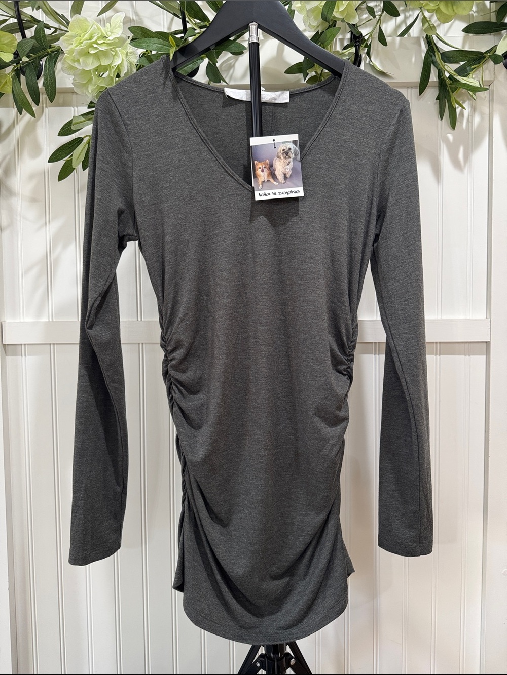 #197 LOLA & SOPHIE Heather Green L/S V-Neck Ruched Tunic Dress NWT
